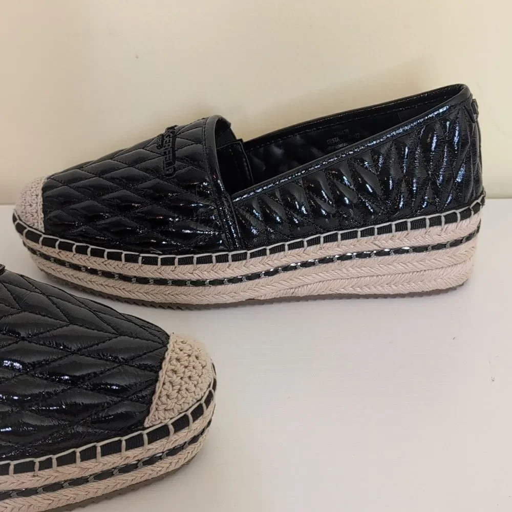 Karl Lagerfeld Paris Size 11 Desta Logo Black Puffy Quilted Platform Espadrilles